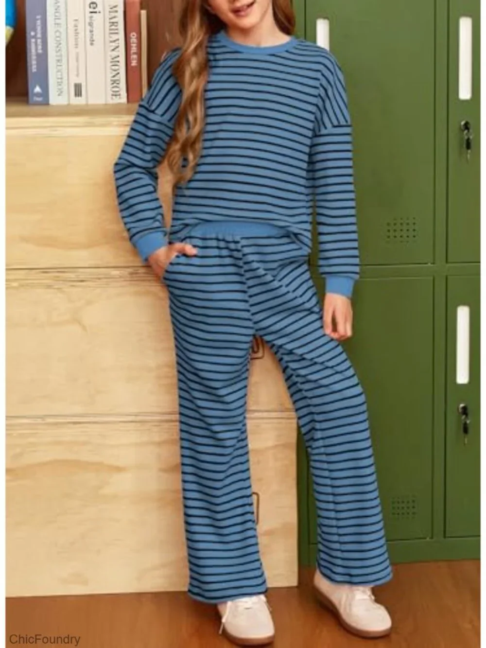 Girls Long Sleeve Striped Outfit Set Waffle Knit Size 6-15